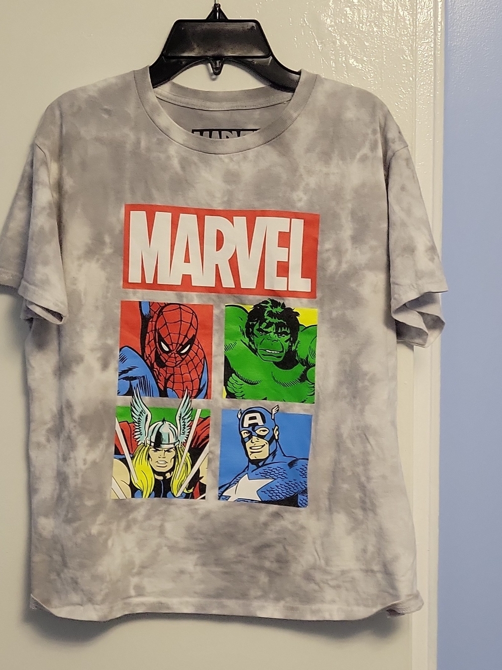 Marvel Tie-Dye Graphic Tee — Grey with Colorful Superhero Panels